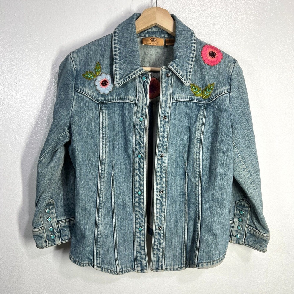 Dana Buchman Denim Jacket‎ Floral Embroidered Small Light Wash Teal Snap Casual